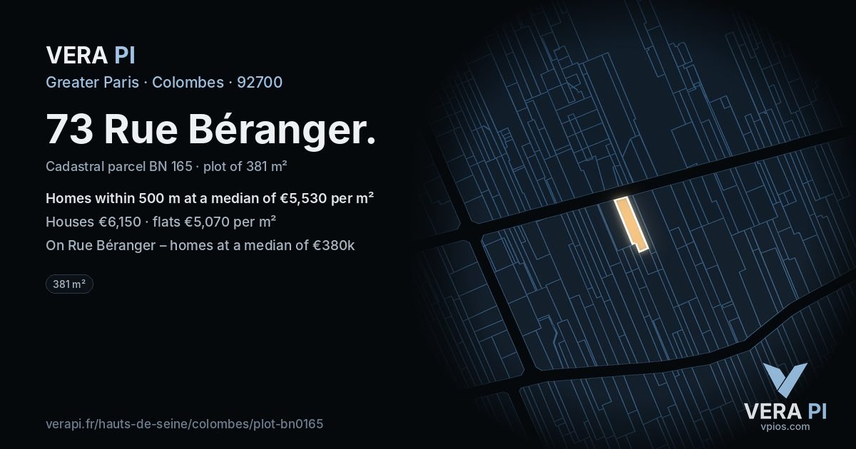 73 Rue Béranger, Colombes at night – the plot lit, the parcels around coloured by the prices near them