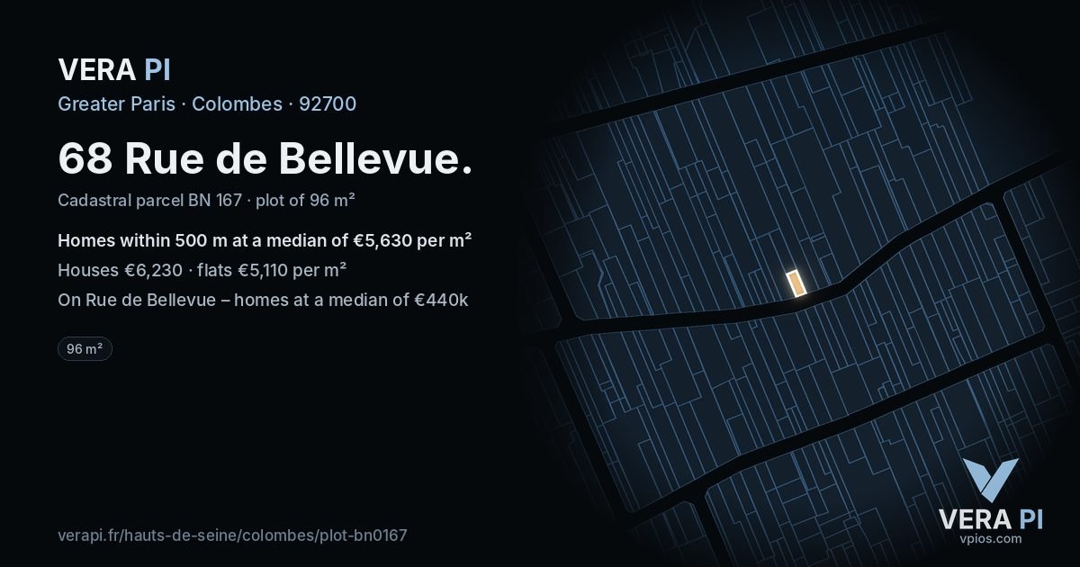 68 Rue de Bellevue, Colombes at night – the plot lit, the parcels around coloured by the prices near them
