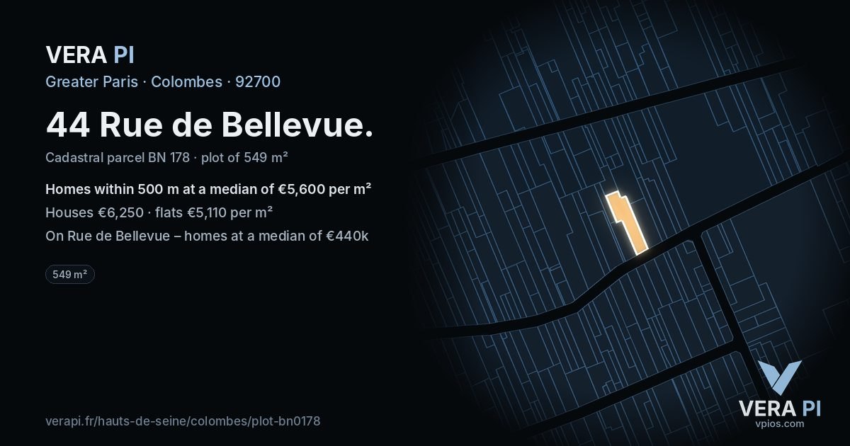 44 Rue de Bellevue, Colombes at night – the plot lit, the parcels around coloured by the prices near them