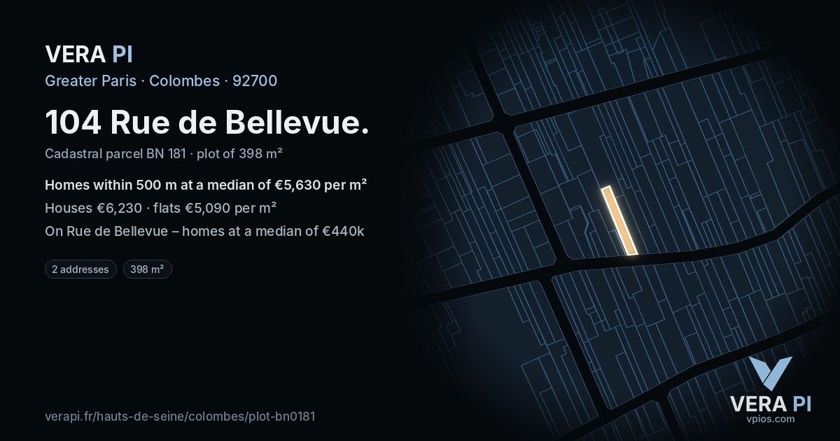 104 Rue de Bellevue, Colombes at night – the plot lit, the parcels around coloured by the prices near them
