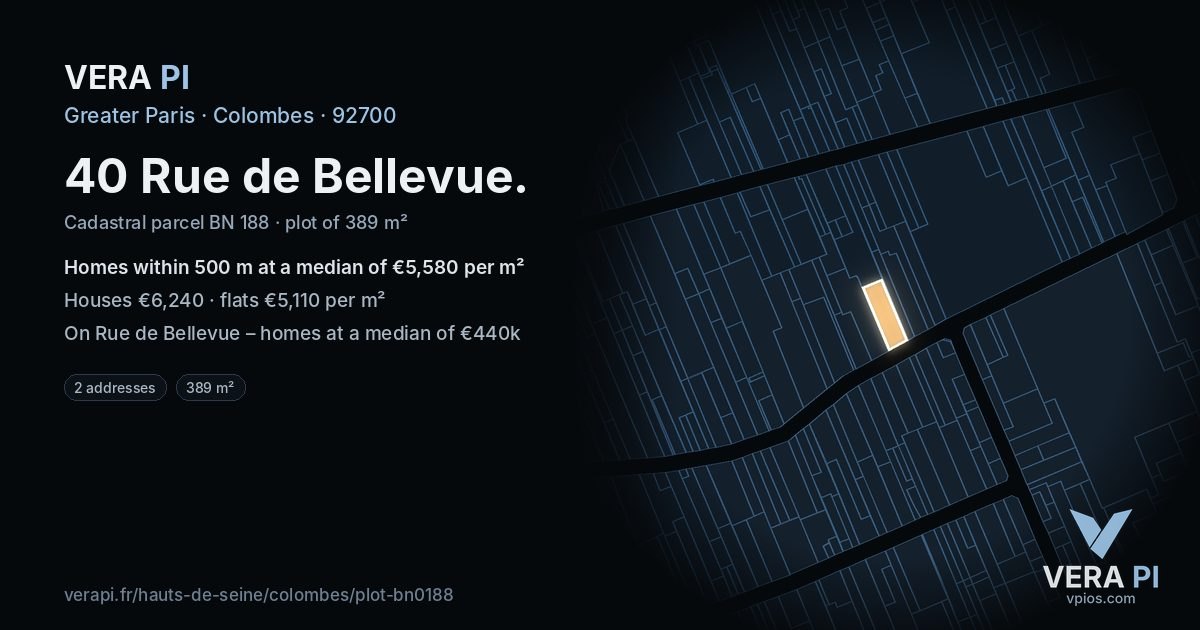 40 Rue de Bellevue, Colombes at night – the plot lit, the parcels around coloured by the prices near them