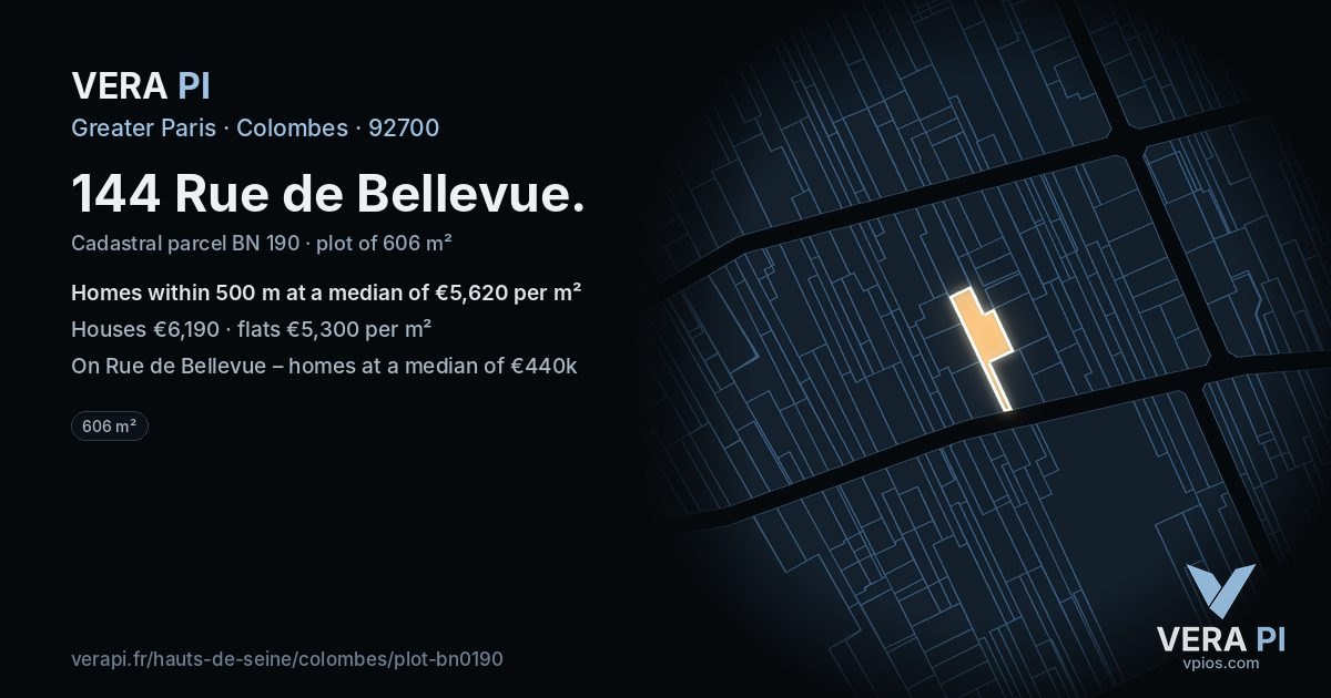 144 Rue de Bellevue, Colombes at night – the plot lit, the parcels around coloured by the prices near them