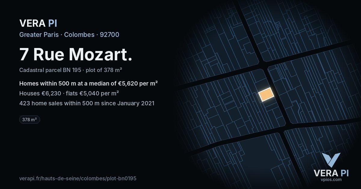 7 Rue Mozart, Colombes at night – the plot lit, the parcels around coloured by the prices near them