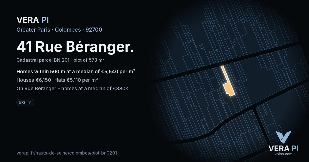 41 Rue Béranger, Colombes at night – the plot lit, the parcels around coloured by the prices near them
