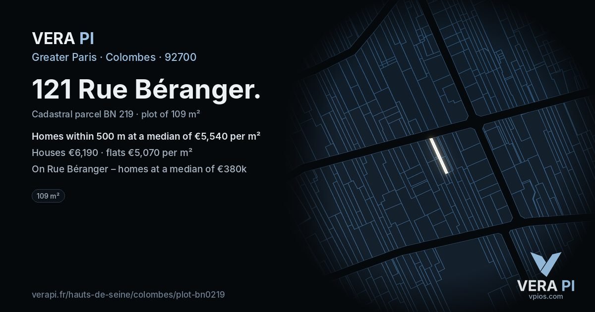 121 Rue Béranger, Colombes at night – the plot lit, the parcels around coloured by the prices near them