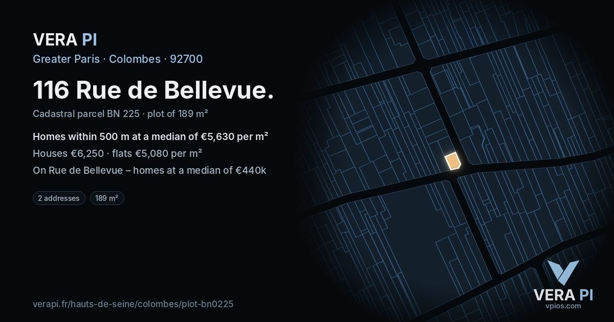 116 Rue de Bellevue, Colombes at night – the plot lit, the parcels around coloured by the prices near them