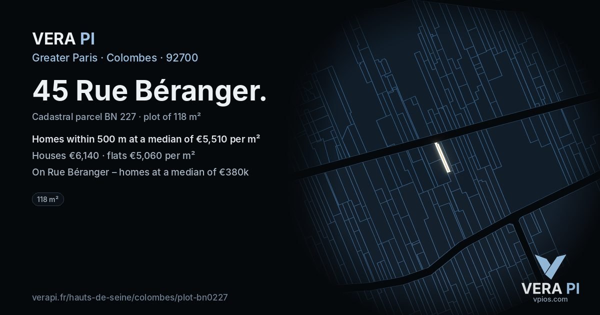45 Rue Béranger, Colombes at night – the plot lit, the parcels around coloured by the prices near them