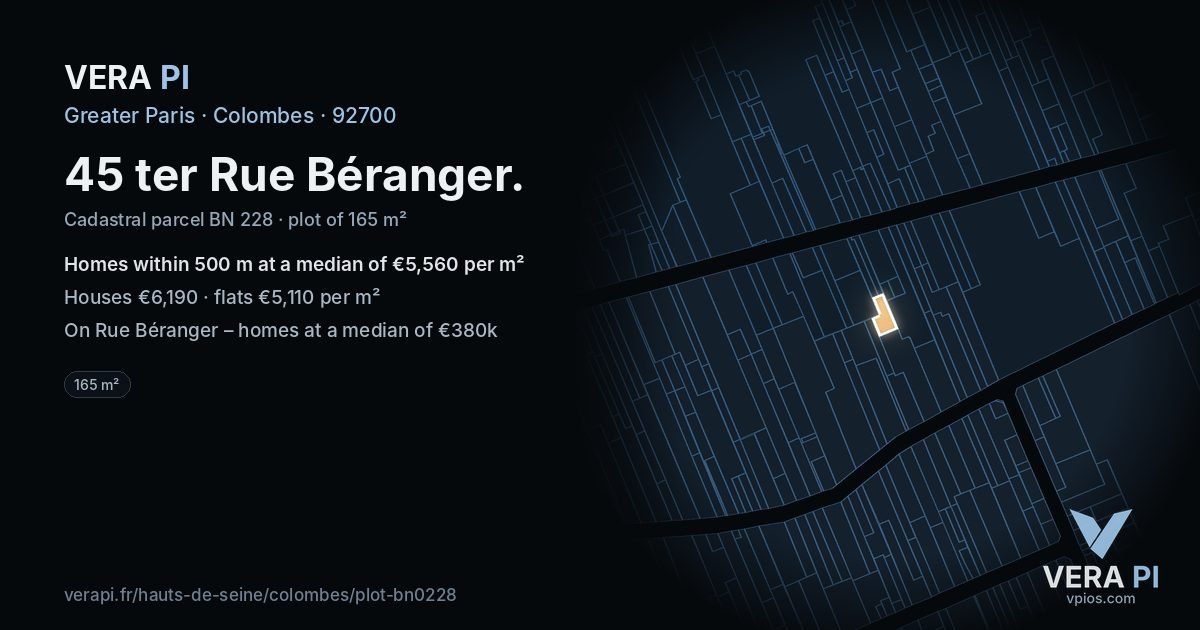 45 ter Rue Béranger, Colombes at night – the plot lit, the parcels around coloured by the prices near them