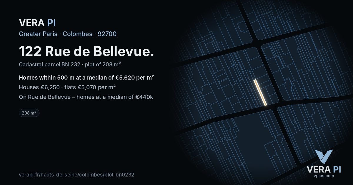 122 Rue de Bellevue, Colombes at night – the plot lit, the parcels around coloured by the prices near them