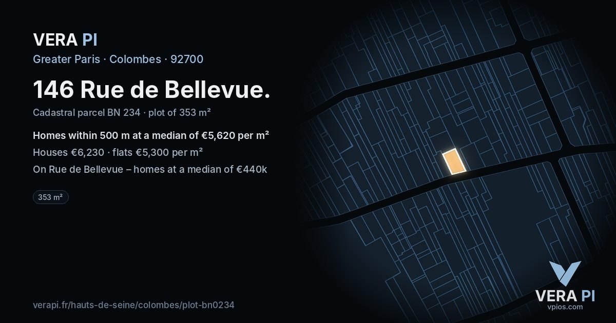146 Rue de Bellevue, Colombes at night – the plot lit, the parcels around coloured by the prices near them