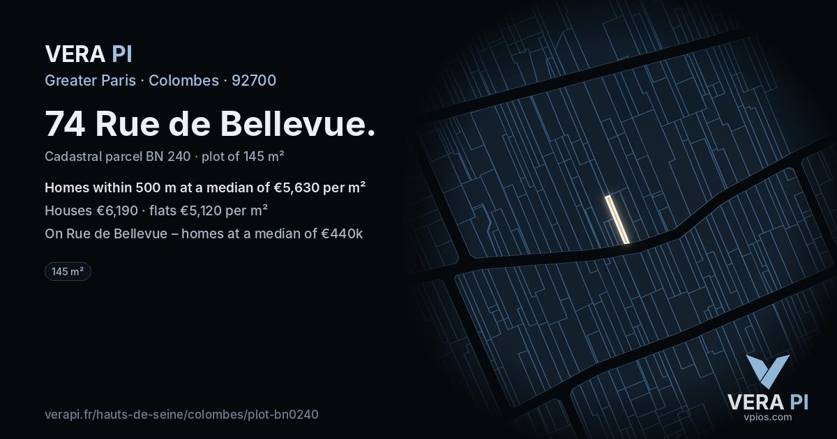 74 Rue de Bellevue, Colombes at night – the plot lit, the parcels around coloured by the prices near them