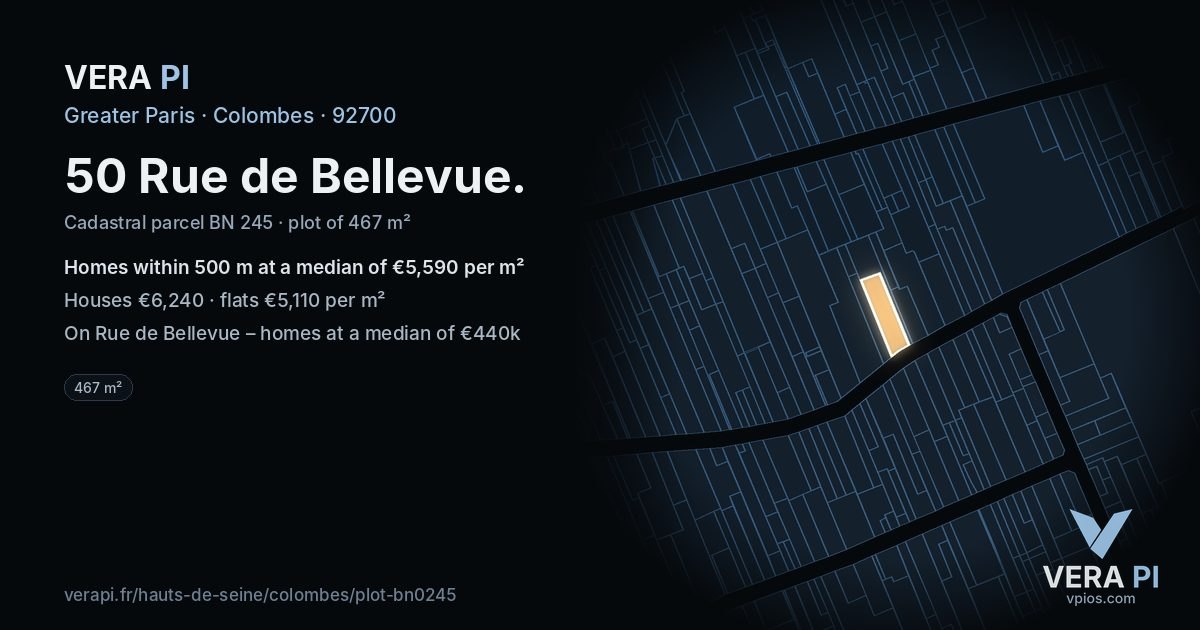 50 Rue de Bellevue, Colombes at night – the plot lit, the parcels around coloured by the prices near them