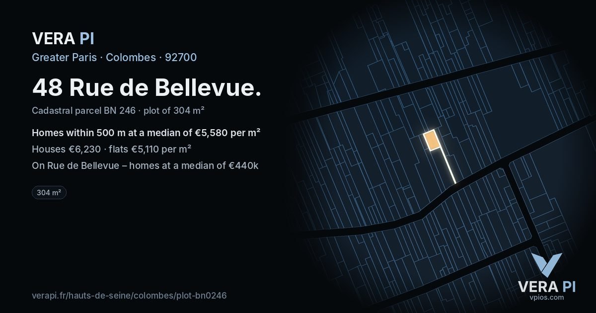 48 Rue de Bellevue, Colombes at night – the plot lit, the parcels around coloured by the prices near them