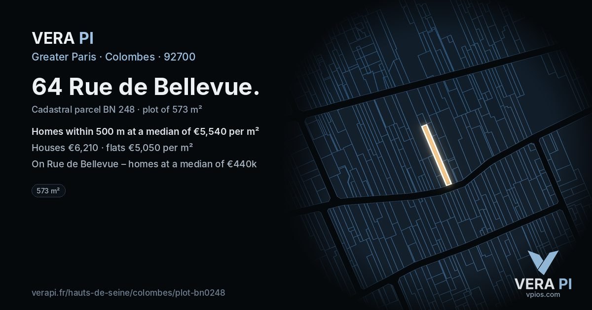 64 Rue de Bellevue, Colombes at night – the plot lit, the parcels around coloured by the prices near them