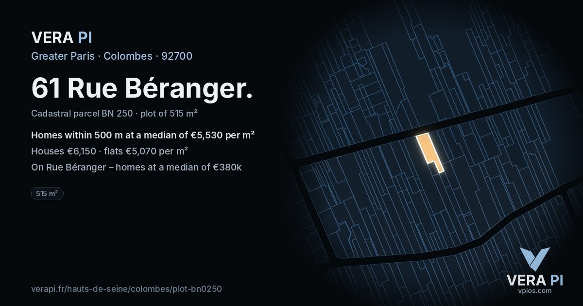 61 Rue Béranger, Colombes at night – the plot lit, the parcels around coloured by the prices near them