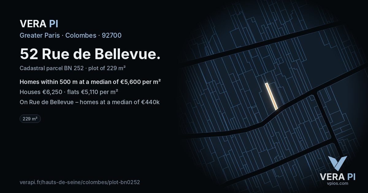 52 Rue de Bellevue, Colombes at night – the plot lit, the parcels around coloured by the prices near them