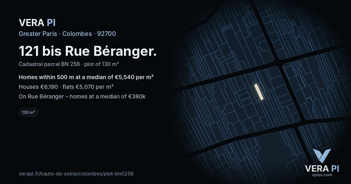 121 bis Rue Béranger, Colombes at night – the plot lit, the parcels around coloured by the prices near them