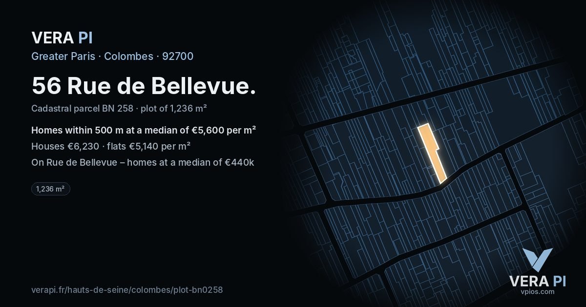 56 Rue de Bellevue, Colombes at night – the plot lit, the parcels around coloured by the prices near them