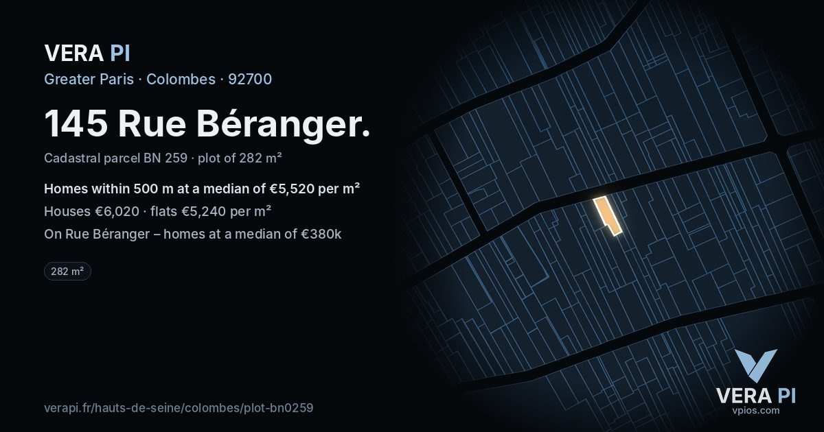 145 Rue Béranger, Colombes at night – the plot lit, the parcels around coloured by the prices near them