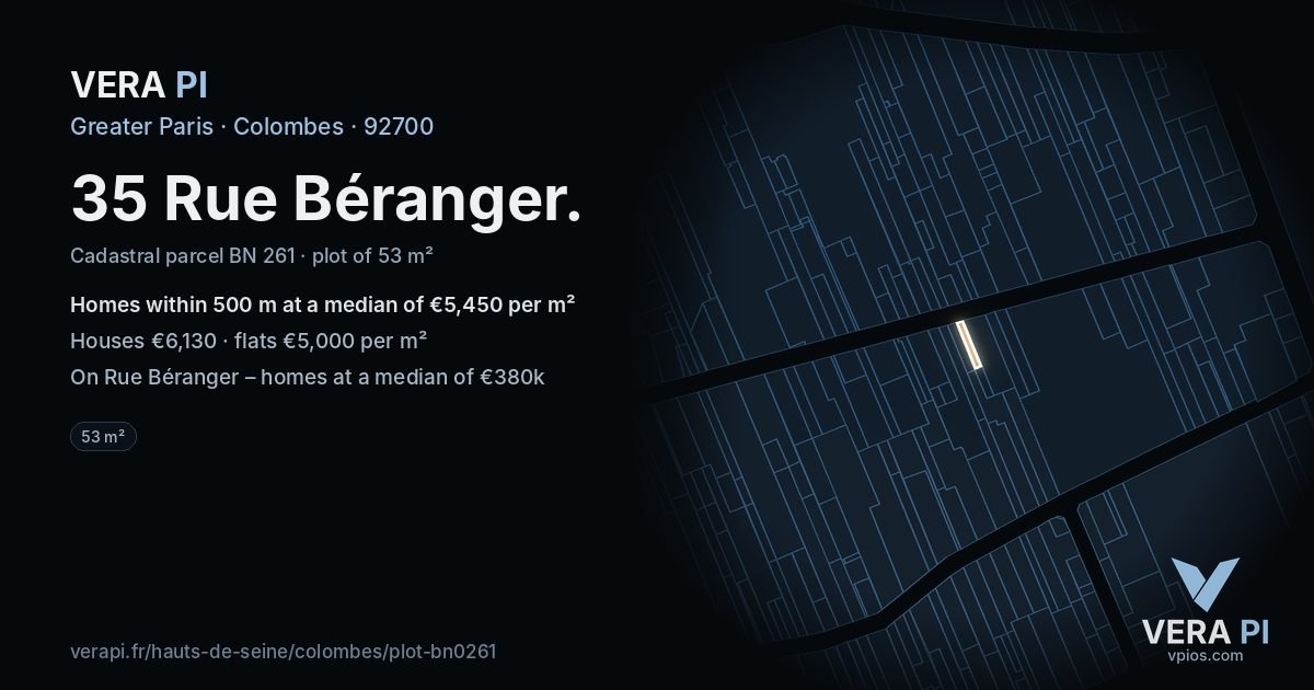 35 Rue Béranger, Colombes at night – the plot lit, the parcels around coloured by the prices near them