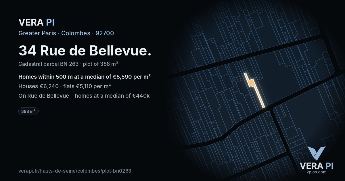 34 Rue de Bellevue, Colombes at night – the plot lit, the parcels around coloured by the prices near them