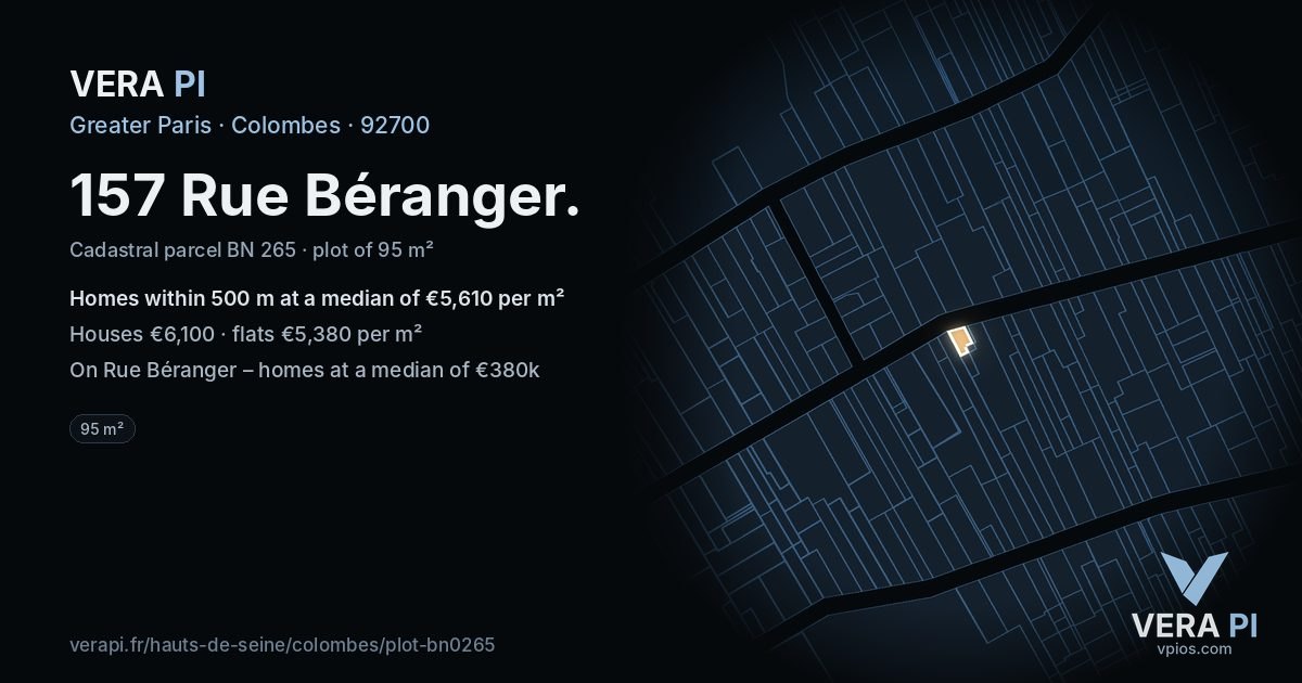 157 Rue Béranger, Colombes at night – the plot lit, the parcels around coloured by the prices near them