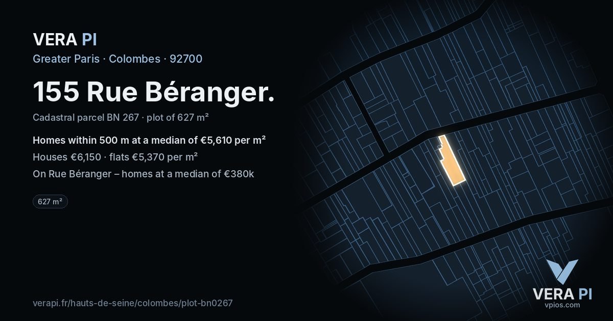 155 Rue Béranger, Colombes at night – the plot lit, the parcels around coloured by the prices near them