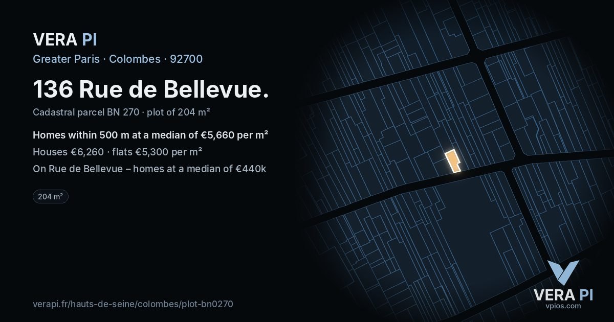 136 Rue de Bellevue, Colombes at night – the plot lit, the parcels around coloured by the prices near them