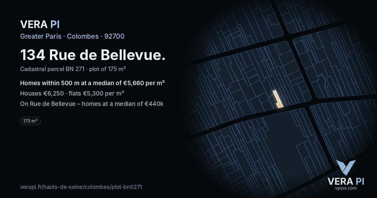134 Rue de Bellevue, Colombes at night – the plot lit, the parcels around coloured by the prices near them
