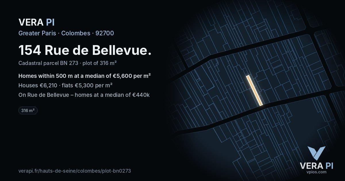 154 Rue de Bellevue, Colombes at night – the plot lit, the parcels around coloured by the prices near them