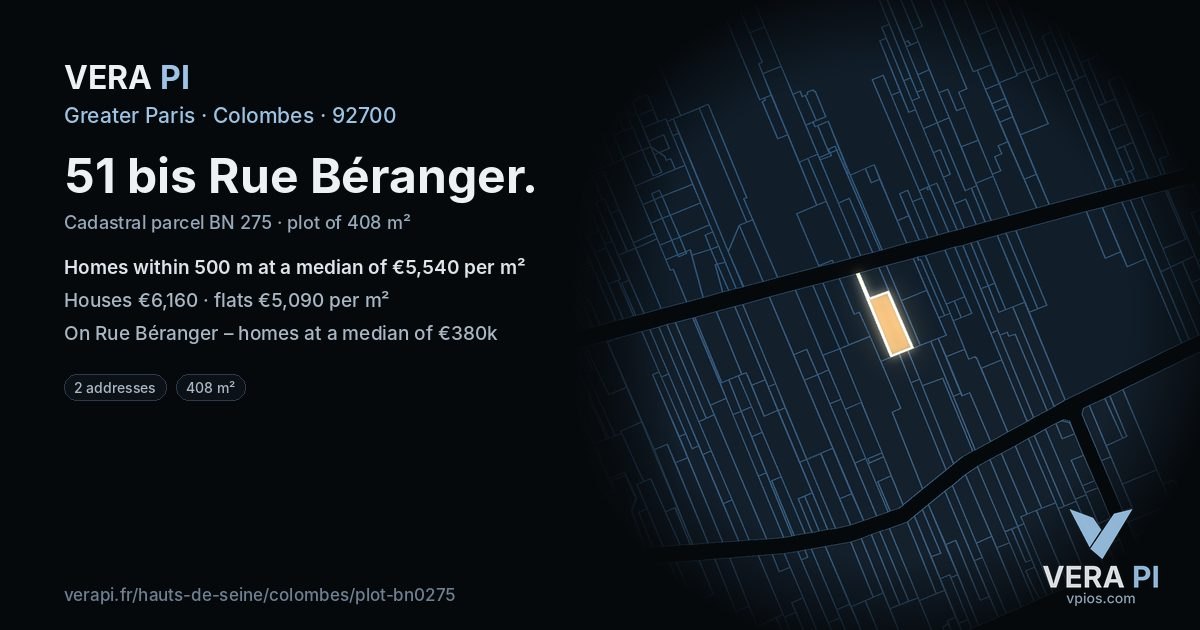 51 bis Rue Béranger, Colombes at night – the plot lit, the parcels around coloured by the prices near them