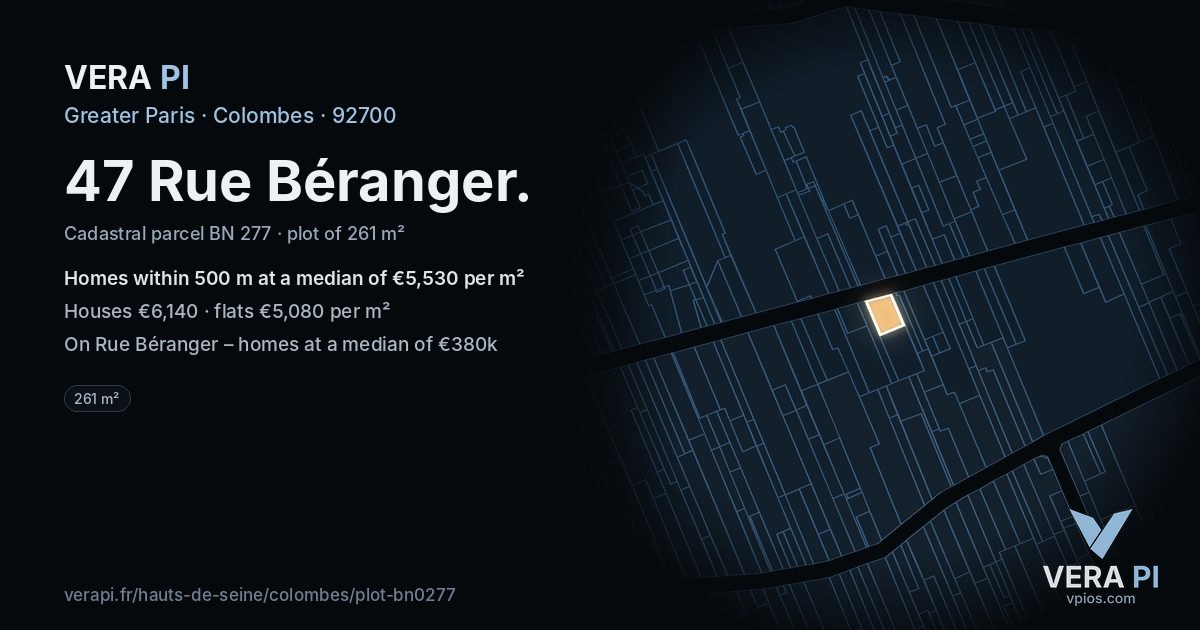47 Rue Béranger, Colombes at night – the plot lit, the parcels around coloured by the prices near them