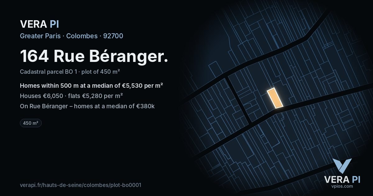 164 Rue Béranger, Colombes at night – the plot lit, the parcels around coloured by the prices near them