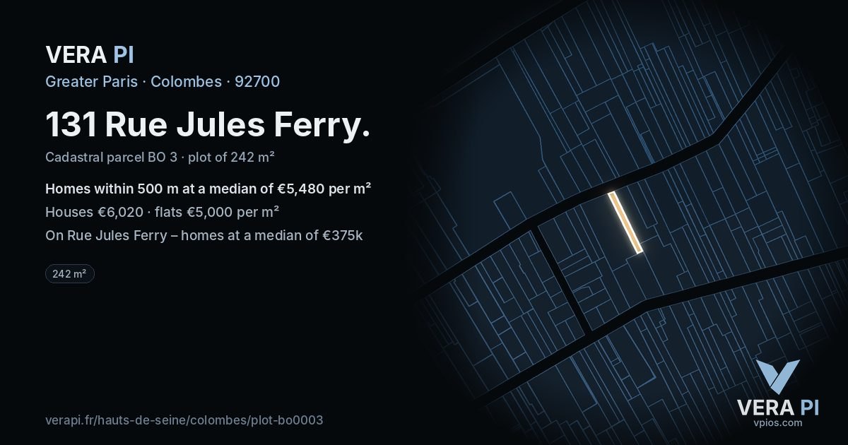 131 Rue Jules Ferry, Colombes at night – the plot lit, the parcels around coloured by the prices near them