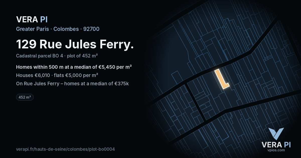 129 Rue Jules Ferry, Colombes at night – the plot lit, the parcels around coloured by the prices near them