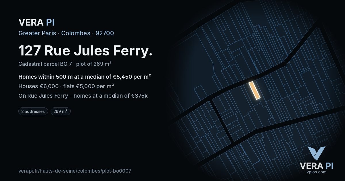 127 Rue Jules Ferry, Colombes at night – the plot lit, the parcels around coloured by the prices near them