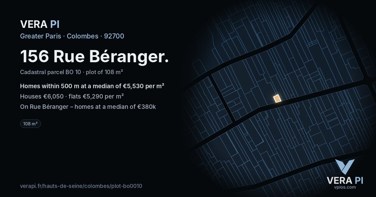 156 Rue Béranger, Colombes at night – the plot lit, the parcels around coloured by the prices near them