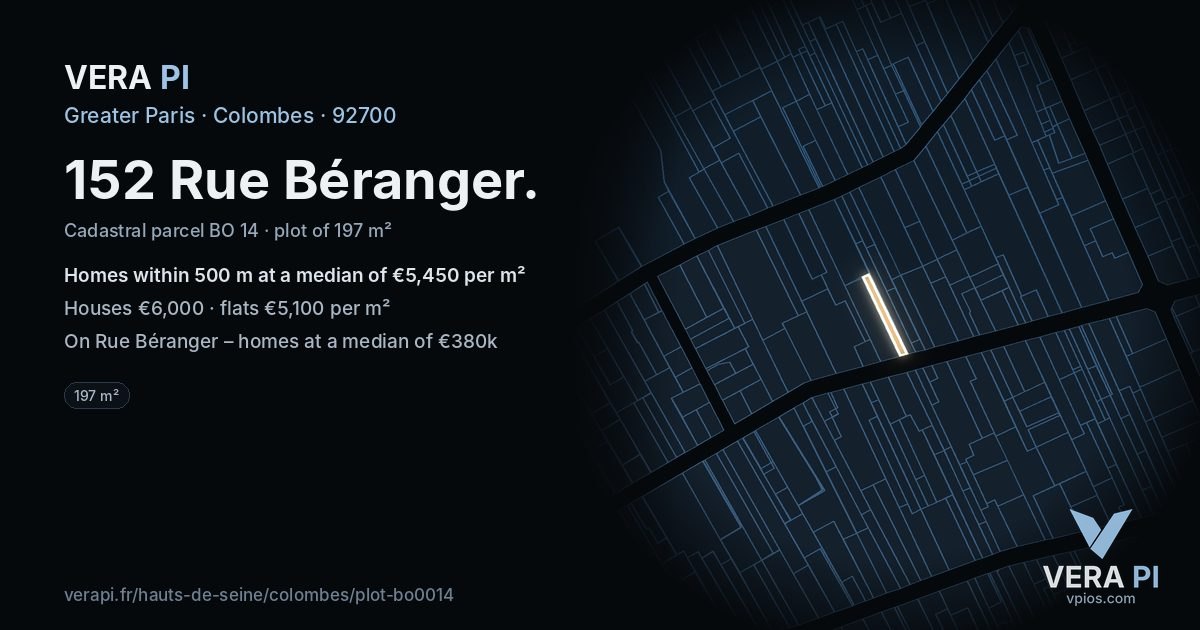 152 Rue Béranger, Colombes at night – the plot lit, the parcels around coloured by the prices near them