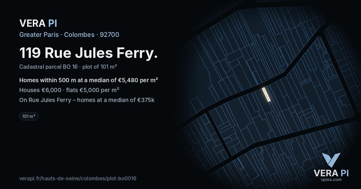 119 Rue Jules Ferry, Colombes at night – the plot lit, the parcels around coloured by the prices near them