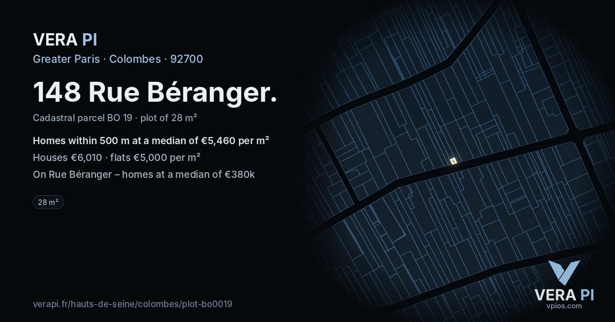 148 Rue Béranger, Colombes at night – the plot lit, the parcels around coloured by the prices near them