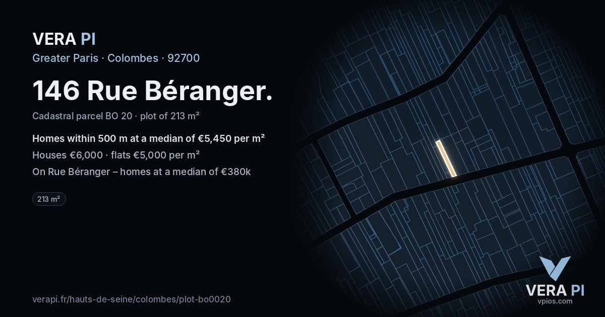 146 Rue Béranger, Colombes at night – the plot lit, the parcels around coloured by the prices near them