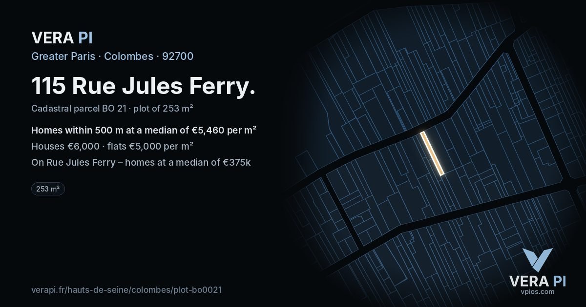 115 Rue Jules Ferry, Colombes at night – the plot lit, the parcels around coloured by the prices near them