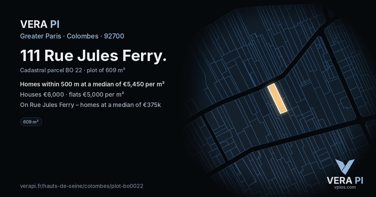 111 Rue Jules Ferry, Colombes at night – the plot lit, the parcels around coloured by the prices near them