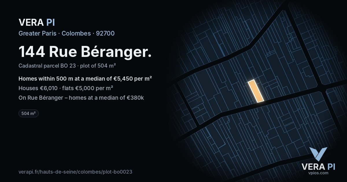 144 Rue Béranger, Colombes at night – the plot lit, the parcels around coloured by the prices near them