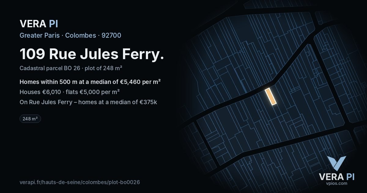 109 Rue Jules Ferry, Colombes at night – the plot lit, the parcels around coloured by the prices near them