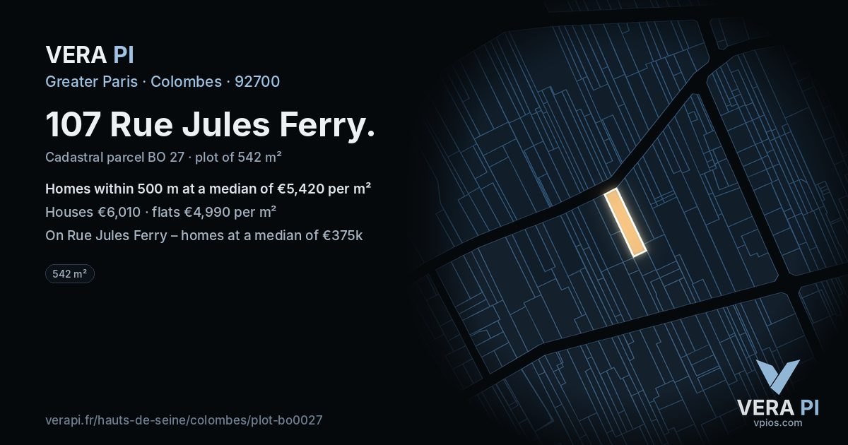 107 Rue Jules Ferry, Colombes at night – the plot lit, the parcels around coloured by the prices near them