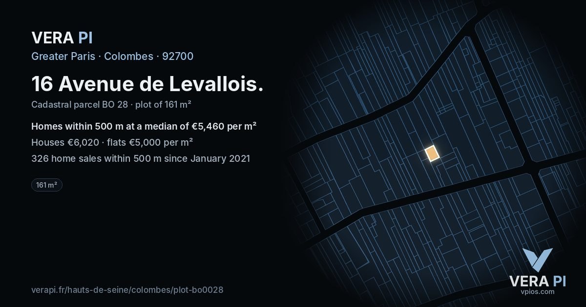 16 Avenue de Levallois, Colombes at night – the plot lit, the parcels around coloured by the prices near them