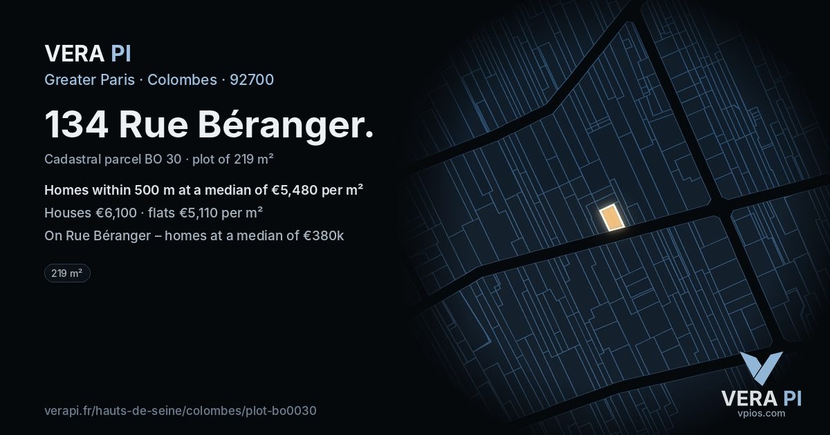 134 Rue Béranger, Colombes at night – the plot lit, the parcels around coloured by the prices near them