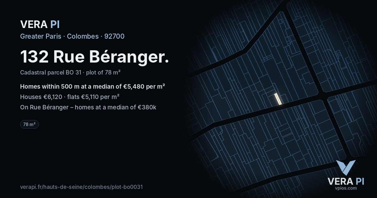 132 Rue Béranger, Colombes at night – the plot lit, the parcels around coloured by the prices near them