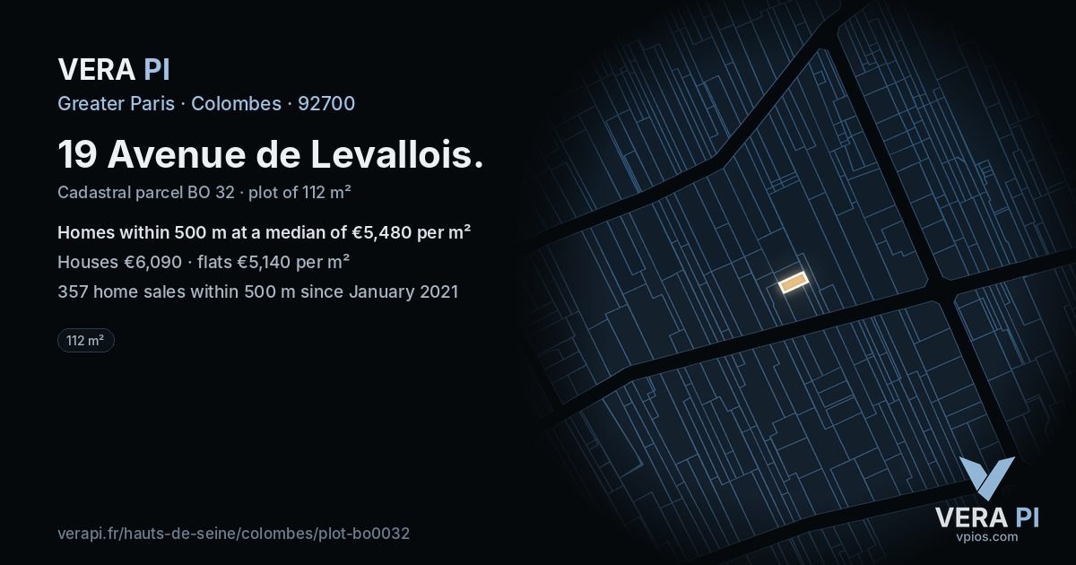 19 Avenue de Levallois, Colombes at night – the plot lit, the parcels around coloured by the prices near them